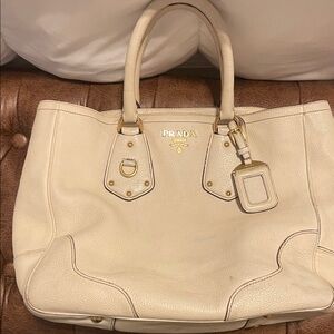 Prada Authentic Ivory Leather Tote with Gold Accents